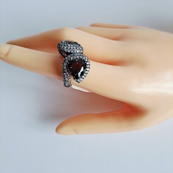 New Sterling Silver Double Smoky Quartz Heart Cubic Zirconia Ring Size 7 - Picture 11 of 12